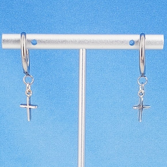 Cross Sterling Silver, Stainless 16mm Huggie Earrings Christian, Religious Pair - Picture 4 of 7